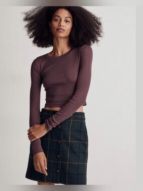 Fine Ribbed Supercrop Crewneck Long-Sleeve Tee, XS